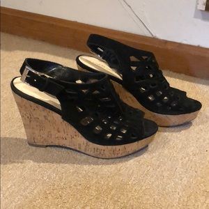 Black suede corked caged wedge